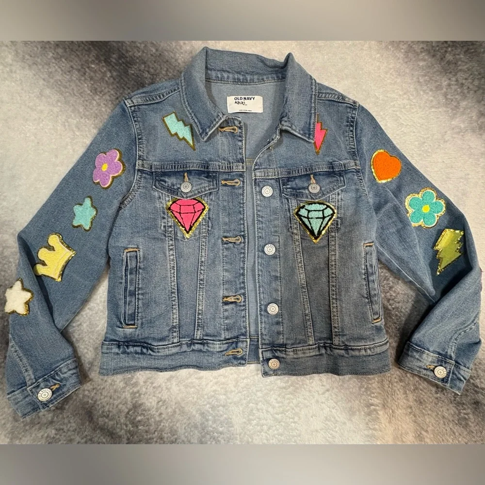 (B4) Old Navy Girls Custom Patch Denim‎ Jacket Size M 8 Blue Jean Trucker Boho